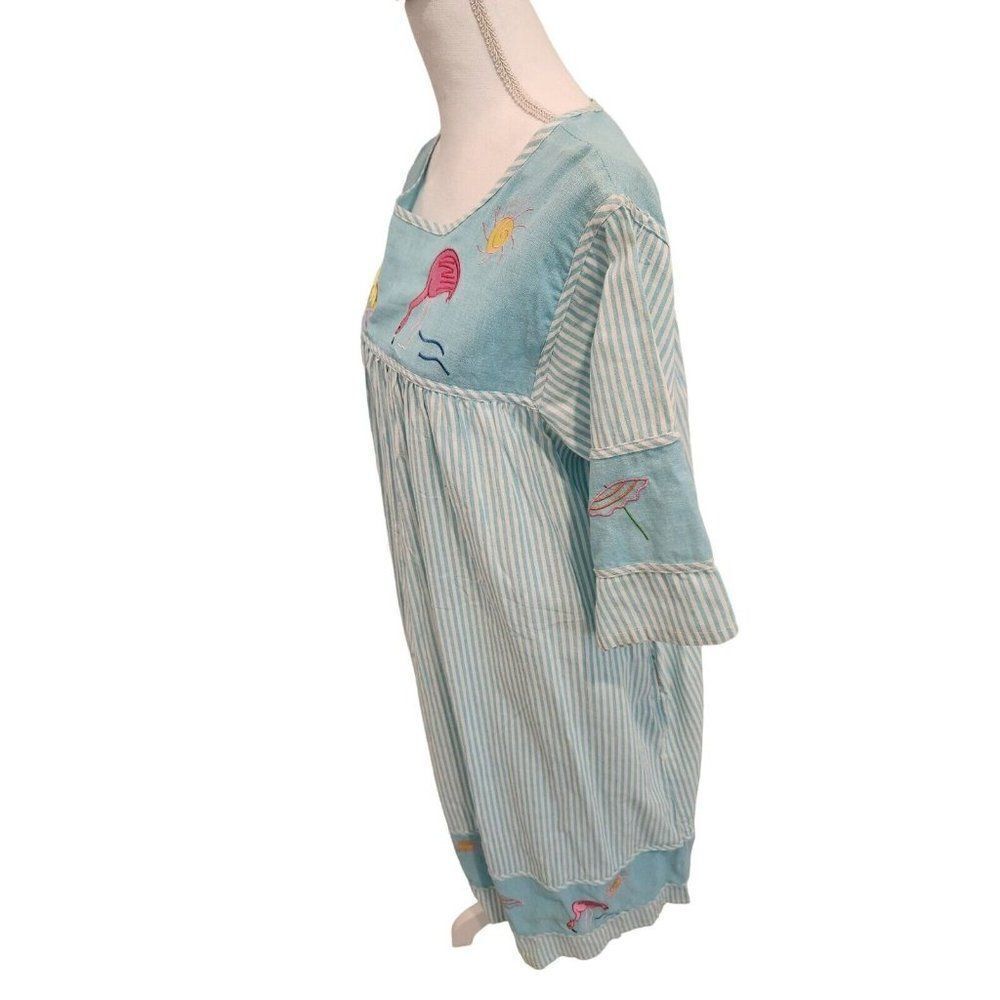 Vintage 80s Blue Flamingo MuuMuu Dress L Cotton Kaftan Patio Summer Cotton - Picture 2 of 9